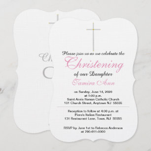 Invitation Croix de Baptême Fille Rose Blanc