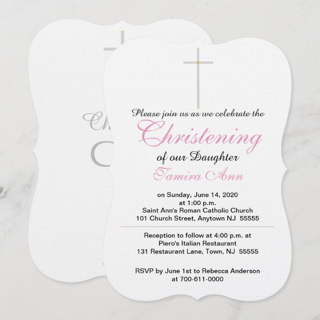Invitation Croix de Baptême Fille Rose Blanc (Devant / Derrière)
