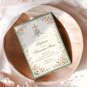 Invitation Croix de baptême Fleur sauvage Vert sauge Blush
