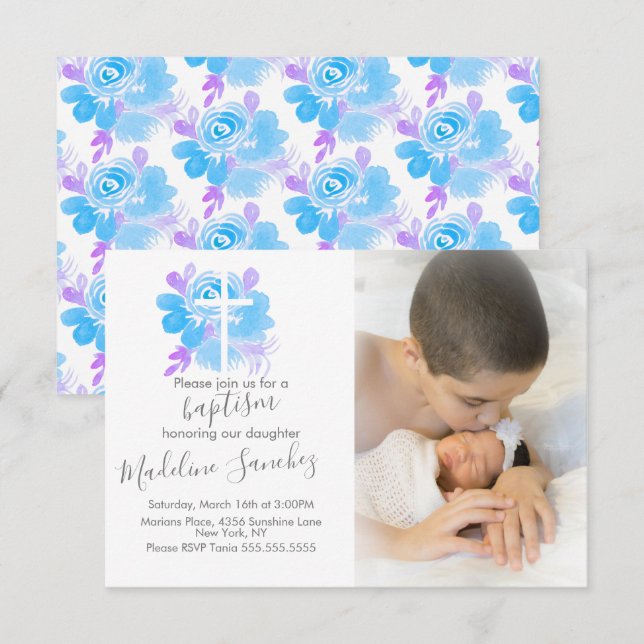 Invitation Croix de baptême florale aquarelle Bébé Dédicace  (Devant / Derrière)