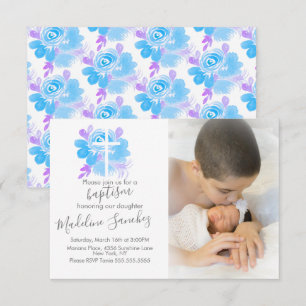 Invitation Croix de baptême florale aquarelle Bébé Dédicace 