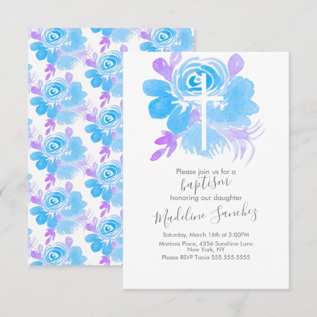 Invitation Croix de baptême florale aquarelle bleue (Devant / Derrière)