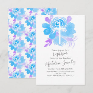 Invitation Croix de baptême florale aquarelle bleue