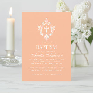Invitation Croix de baptême pêche dans un motif élégant vinta