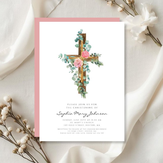 Invitation Croix de baptême religieuse Eucalyptus rose (Pink Eucalyptus Cross Religious Christening Invitation)