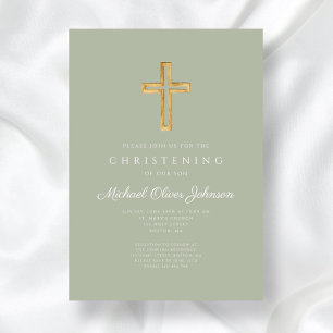 Invitation Croix de bois verte Sage religieux Christening