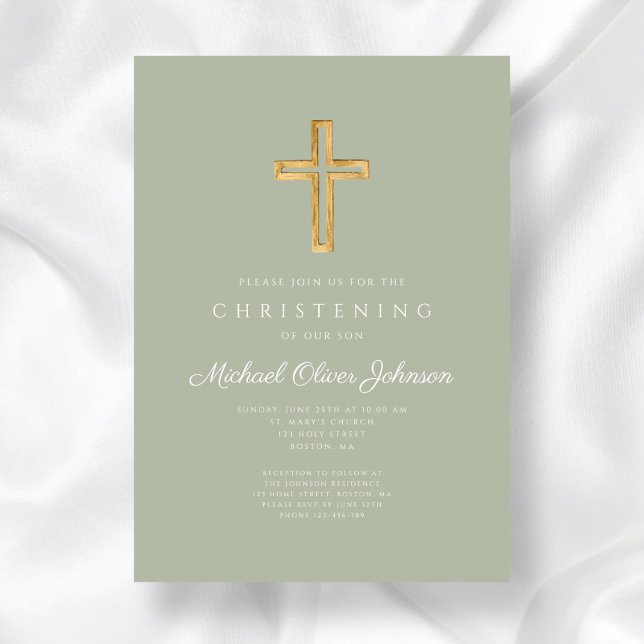 Invitation Croix de bois verte Sage religieux Christening (Religious Sage Green Wood Cross Christening Invitation)