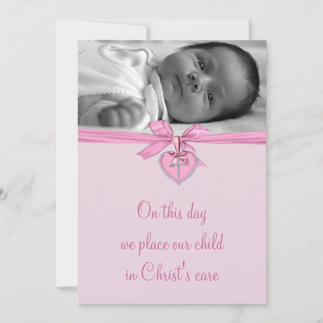 Invitation Croix de Bow rose Baby Girl Photo Christening (Devant)