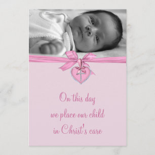Invitation Croix de Bow rose Baby Girl Photo Christening