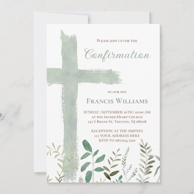 Invitation croix de confirmation à l'aquarelle verte (Devant)
