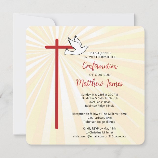 Invitation Croix de Confirmation du Fils Colombe Or Rayons (Devant)
