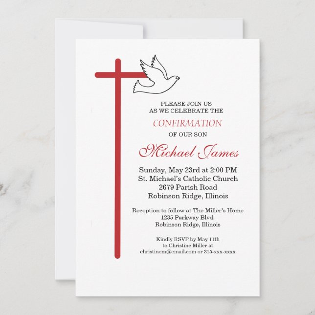 Invitation Croix de confirmation du fils Colombe sur fond bla (Devant)
