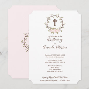 Invitation Croix de couronne rose pâle Baptême Christening