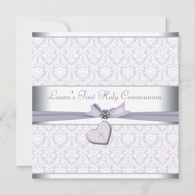 Invitation Croix de Damas Lavande Filles Violet Première Comm (Devant)