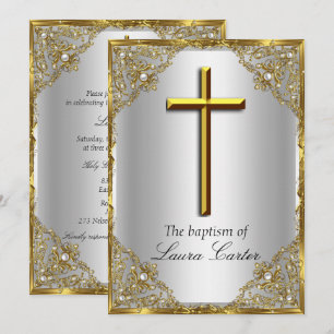 Invitation Croix de Damas perle Baptême Argent Or