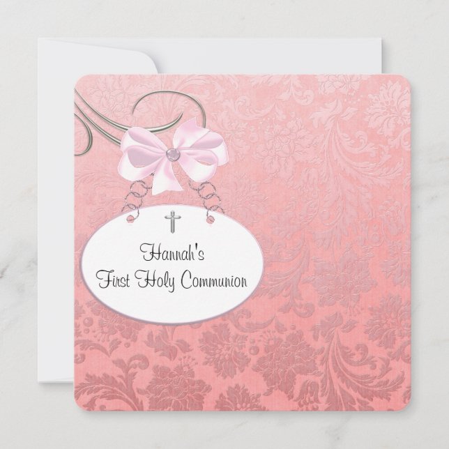 Invitation Croix de Damas Rose Fille Première Communion (Devant)
