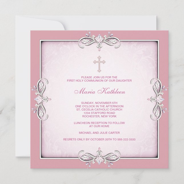 Invitation Croix de Damas Rose Filles Première Communion Rose (Devant)