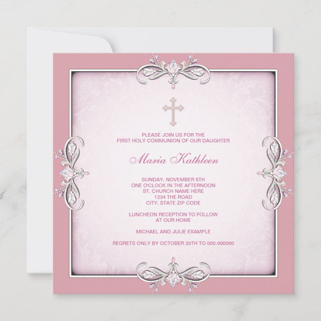 Invitation Croix de Damas Rose Filles Rose Première Communion (Devant)