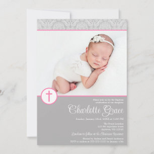 Invitation Croix de Damas rose gris Photo Baptême