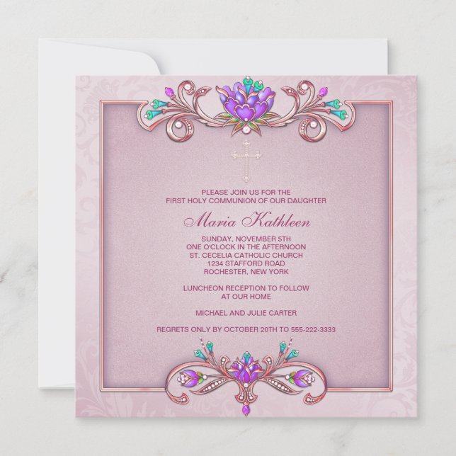 Invitation Croix de Damas rose pour filles Première Communion (Devant)