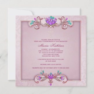 Invitation Croix de Damas rose pour filles Première Communion