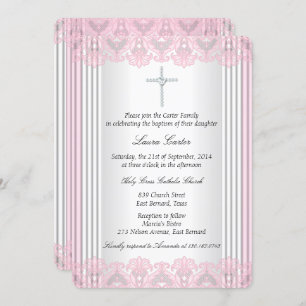 Invitation Croix de dentelle rose blanche Baptême Christening