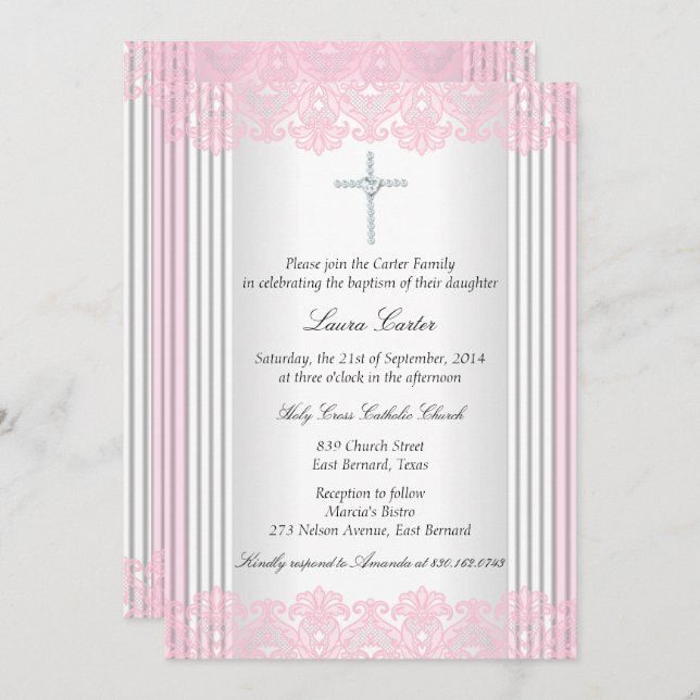 Invitation Croix de dentelle rose blanche Baptême Christening (Devant / Derrière)