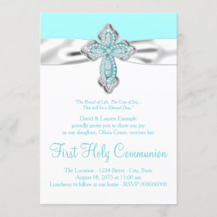 Invitation Croix de diamant sarcelle Filles Première communio
