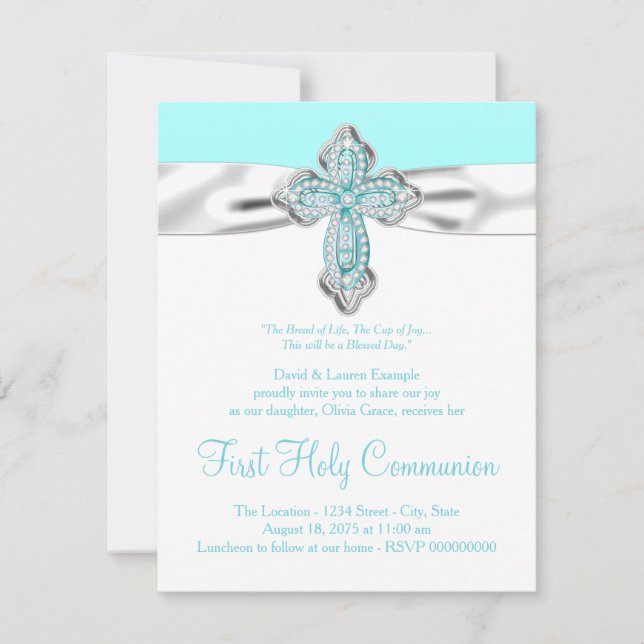 Invitation Croix de diamant sarcelle pour la première communi (Devant)