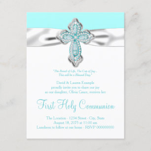 Invitation Croix de diamant sarcelle pour la première communi