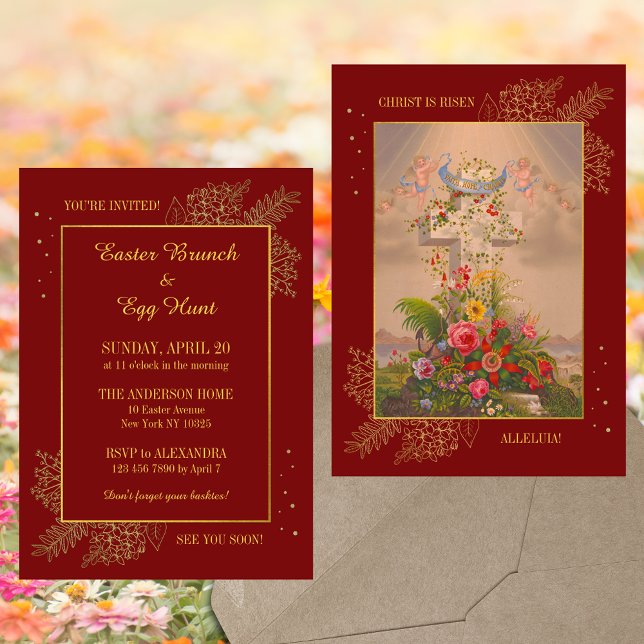Invitation Croix de Flore Rouge Chasse aux oeufs de Brunch de (Red Floral Cross Religious Christian Catholic Jesus Resurrection Easter Brunch Egg Hunt Invitation)