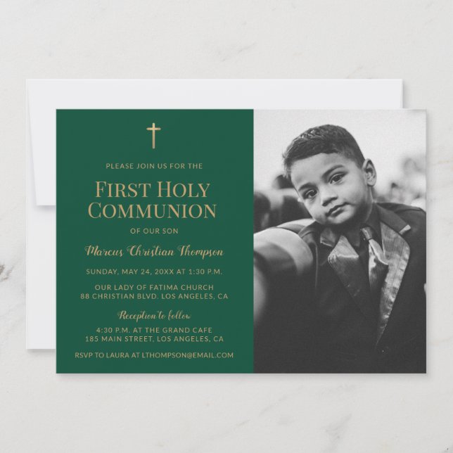 Invitation Croix de Garçon de la Première communion en Or Ver (Devant)