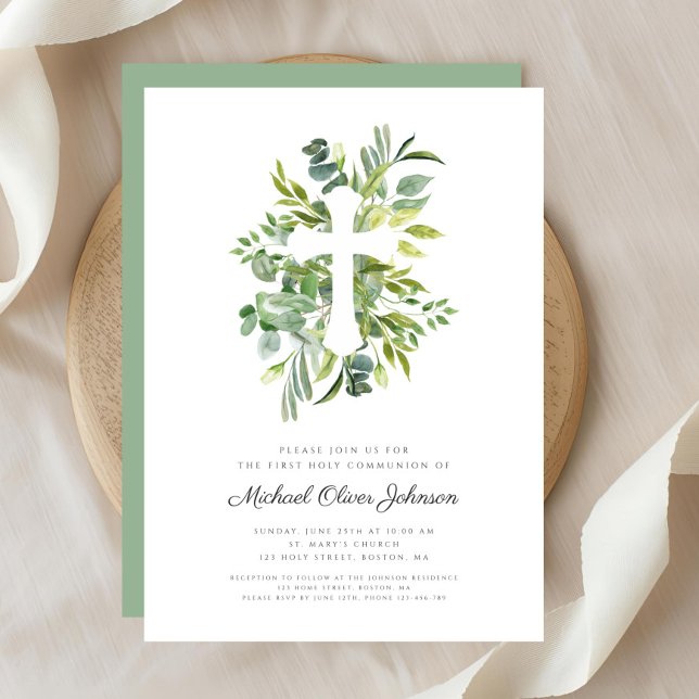 Invitation Croix de Green Botanicals Communion solennelle (Green Botanicals Cross Religious First Communion Invitation)