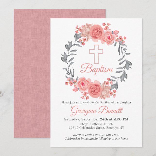 Invitation Croix de la couronne florale rose moderne Baptême (Devant / Derrière)