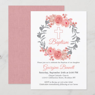 Invitation Croix de la couronne florale rose moderne Baptême