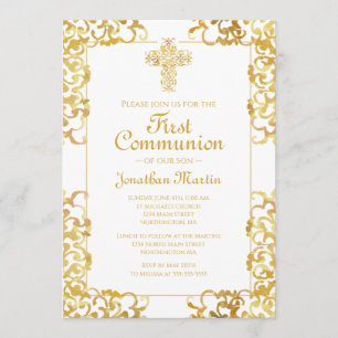 Invitation Croix de la Première communion Gold Damask Christi