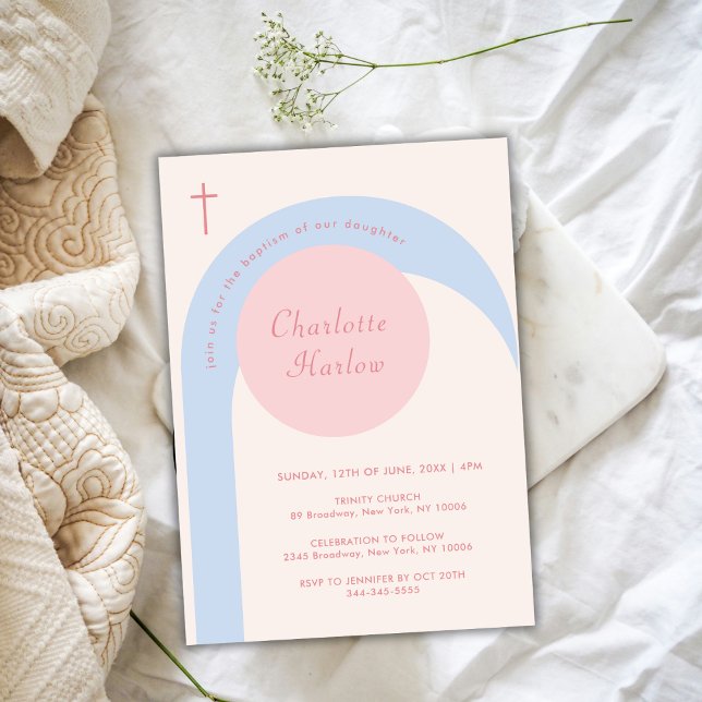 Invitation Croix de l'arc rose beige Boho bleu moderne Baptêm (Modern Pink Blue Beige Boho Arch Cross Baptism Invitation)