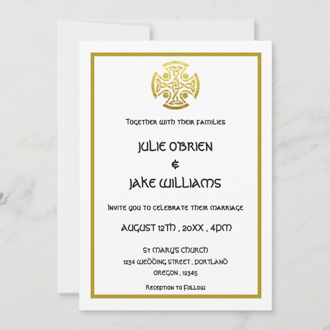 Invitation Croix de nœud celtique de mariage en faux or (Devant)