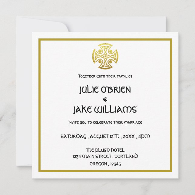 Invitation Croix de nœud celtique de mariage en faux or (Devant)