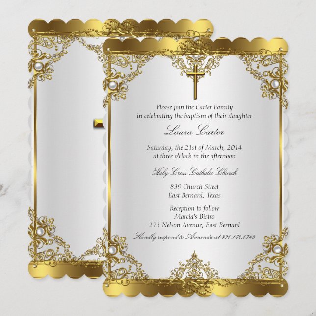 Invitation Croix de perle blanche or baptême baptême 2 (Devant / Derrière)