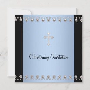 Invitation Croix de perle bleue baptême bleu noir