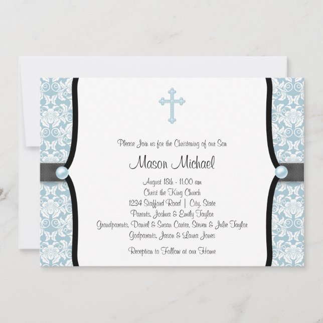 Invitation Croix de perle bleue sur baptême bleu noir damassé (Devant)