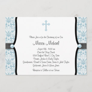 Invitation Croix de perle bleue sur baptême bleu noir damassé