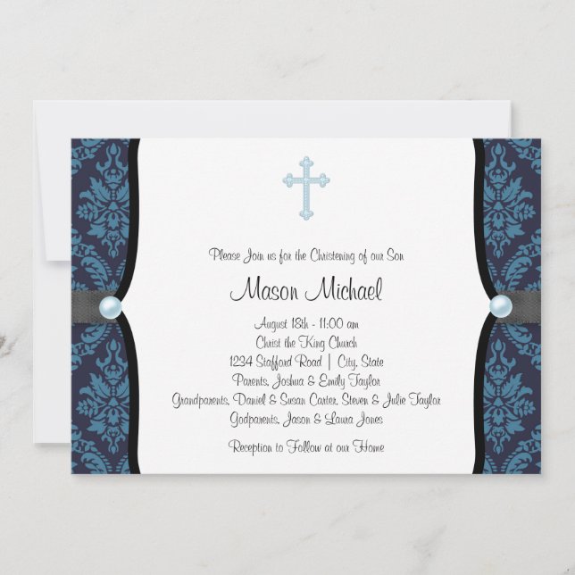 Invitation Croix de perle bleue sur baptême bleu noir damassé (Devant)