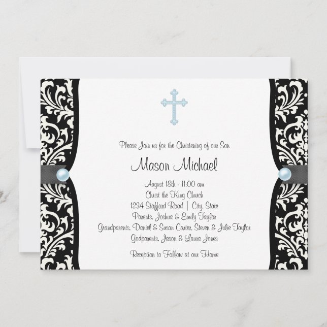 Invitation Croix de perle bleue sur baptême bleu noir damassé (Devant)