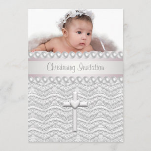 Invitation Croix de perles de dentelle rose Baby Girl Photo C