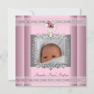 Invitation Croix de Photo Argent Rose Blanc Baptême Christeni