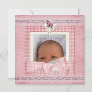 Invitation Croix de Photo Argent Rose Blanc Baptême Christeni