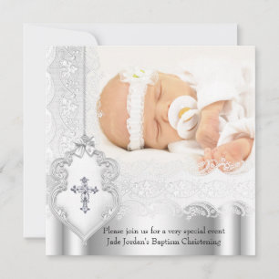 Invitation Croix de photo en dentelle blanche argentée pour f
