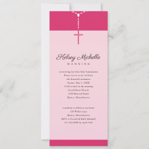 Invitation Croix de première communion des perles roses roses